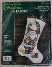 Bucilla "SANTA  BEAR" Printed Counted Cross Stitch Stocking Kit 32517 New 18"