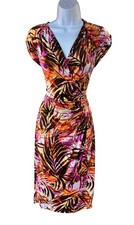 Y2K Cache Tropical Leaf Print Faux Wrap Vacation Party Dress Size Large