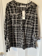 Rebecca Malone Blouse Geometric Black & White Women’s 1X Plus Size NWT New W/Tag