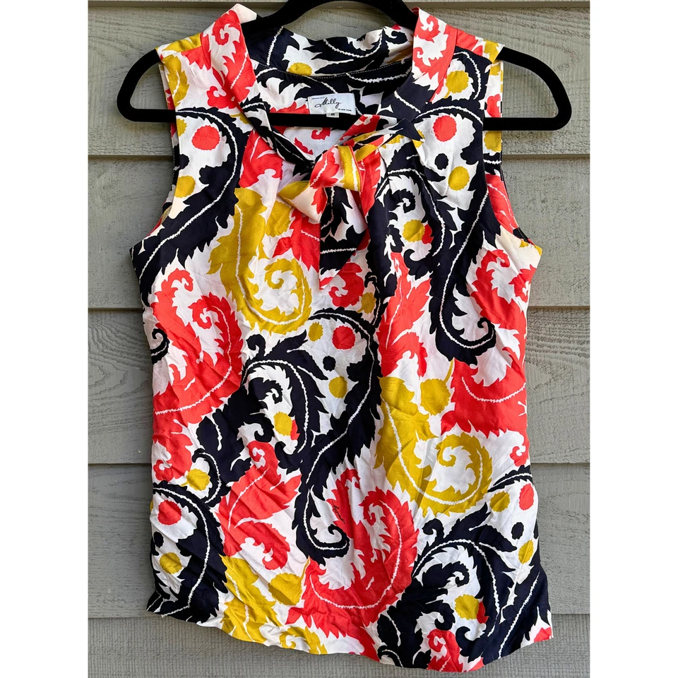Blusa Floral de Seda Milly New York Talla 6 Sin Mangas Cuello Atado Top Hecha en EE. UU. Foto 2 de 4