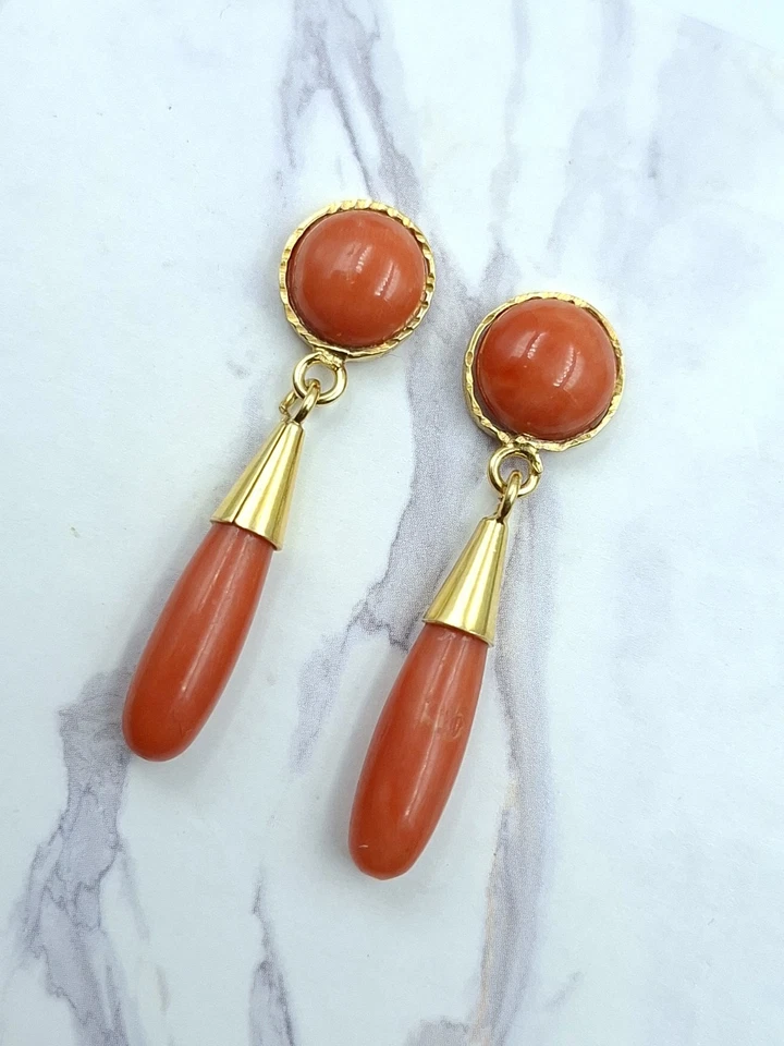 Antichi Orecchini A Goccia Vero Corallo Sardegna Rosso Bottoni Argento 925 Oro - Immagine 2 di 4