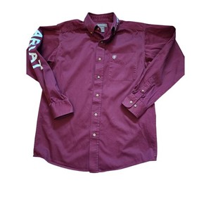 Ariat Men Long Sleeve Button Down Shirt Burgundy Logo Pocket Size S