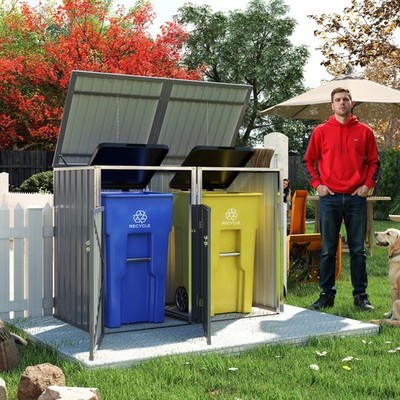 Outdoor Metal Garbage Bin Shed for 2 Trash Cans Galvanized Steel w/ Door & Roof