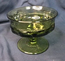 Vintage Avocado Green Pressed Glass Dessert Round Footed Bowl
