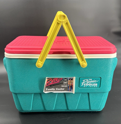 置物 #50s60sMichelindollwithvintagesweatshirt Vintage 90's The Picnic Basket by Igloo Cooler Teal Pink Yellow