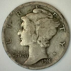 1916 Mercury Silver Dime 10c US Type Coin Circulated FINE