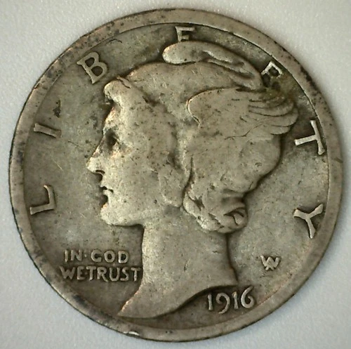 1916 Mercury Silver Dime 10c US Type Coin Circulated FINE