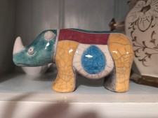 Vintage Fenix Raku Pottery rhino figurine, handmade South Africa. Signed