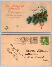 1912 Christmas Postcard Decatur IL to Fall Creek WI Winter Scene Holly Birds