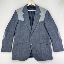 VTG Pendleton Blazer Jacket Mens 44 Long Grey Herringbone Wool/Suede Western