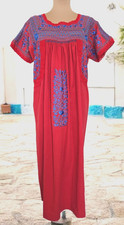 Oaxaca Red Blue floral embroidered Dress Cotton S/M Mexican art to wear