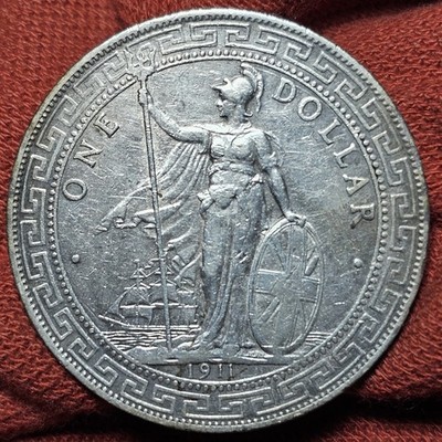 1911 Great Britain Hong Kong Silver Trade Dollar UNC Details Cleaned