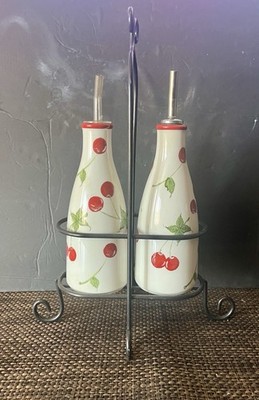Set Of REVOL France Huile Olive/Vinegar Cherrys 8oz+ Porcelaine W/Holder