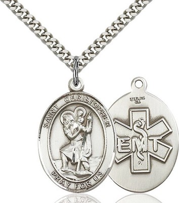 Sterling Silver Saint Christopher EMT Medal Pendant Necklace 24'' Chain GiftBox