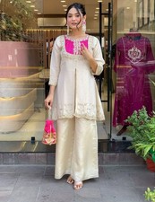 Women  s Indian Bollywood Style Ivory Embroidered Kurta Palazzo Set