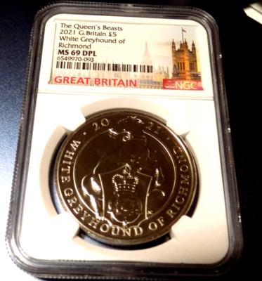 NGC 2021 GREAT BRITAIN 5PD QUEEN'S BEASTS WHITE GREYHOUND MS69DPL