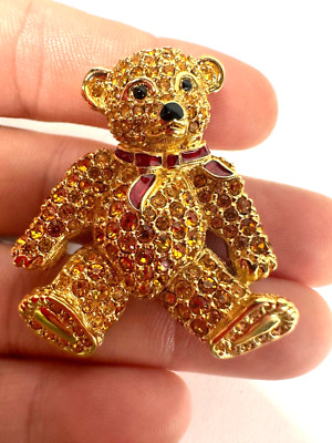 Vintage Brooch Swarovski Crystal Teddy Bear Citrine Enamel