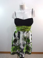 DELIAS BLACK WHITE AND GREEN FLORAL PRINT SHORT SATIN DRESS SIZE L
