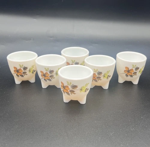 Set Of 6 Arcopal Milk Glass Egg Cups Tripod Fall Autumn Floral VTG Brown Yellow