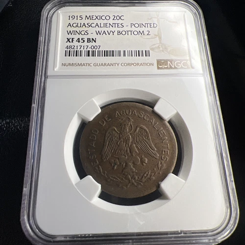 1915 20c Aguascalientes Mexico Blunt Wings-Wavy Bottom 2 20 Centavos NGC XF45 BN
