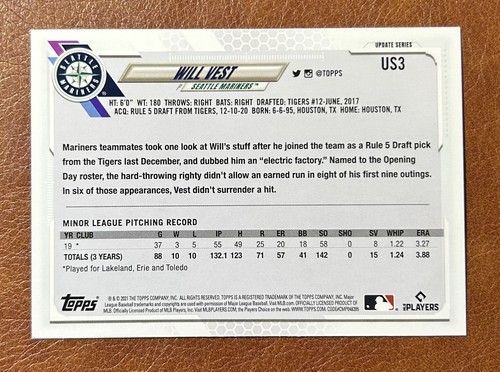 2021 Topps Update Base #US3 Will Vest - Seattle Mariners RC - Picture 2 of 2