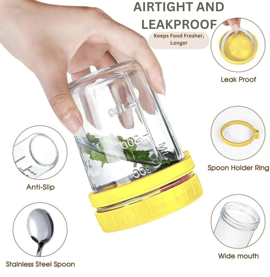 NOVO 16 Oz Recipientes de Aveia Noturna com Tampas e Colheres - Conjunto de 4 Frascos de Vidro - Imagem 3 de 4