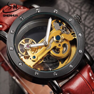 Luxury Automatic Transparent Mechanical Brown Leather Strap Skeleton Men's  Watch