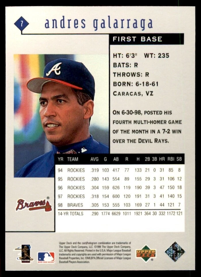 1999 Upper Deck Black Diamond Andres Galarraga .  Colorado Rockies #7 - Image 2 of 2