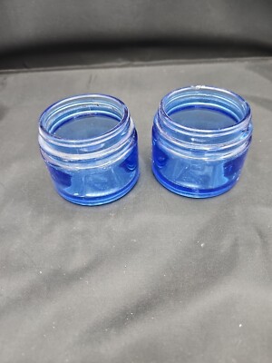 2 Vintage Blue Noxzema Skin Cream Empty Cobalt Blue Glass Jar 2 1/4  Tall 3 Wide