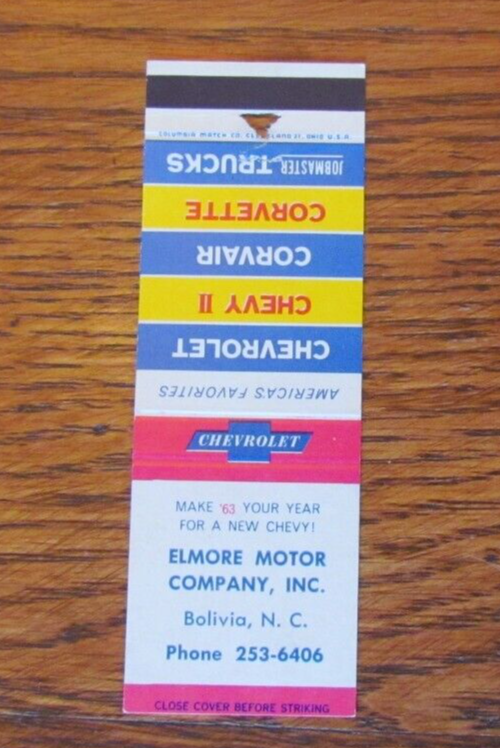 1963 ELMORE CHEVROLET CAR DEALER MATCHBOOK COVER BOLIVIA, NC