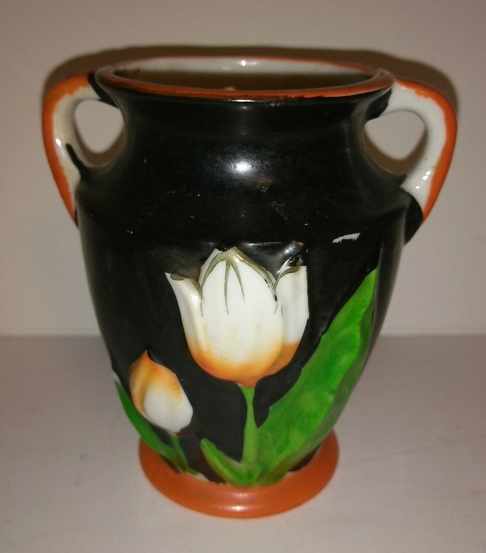 Vintage Ceramic Tulip Black Two Handle Pottery Vase On Pedestal MADE IN