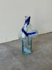Mid-Century Art Glass Vase with Blue  White Swirls   Hand-Blown Sculptural