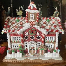 Gingerbread Lighted House Snow Brown, Red, White 10  Wide