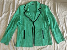 Misook Teal Green Textured Knit Blazer Black Trim Open Front Hook Jacket Size L
