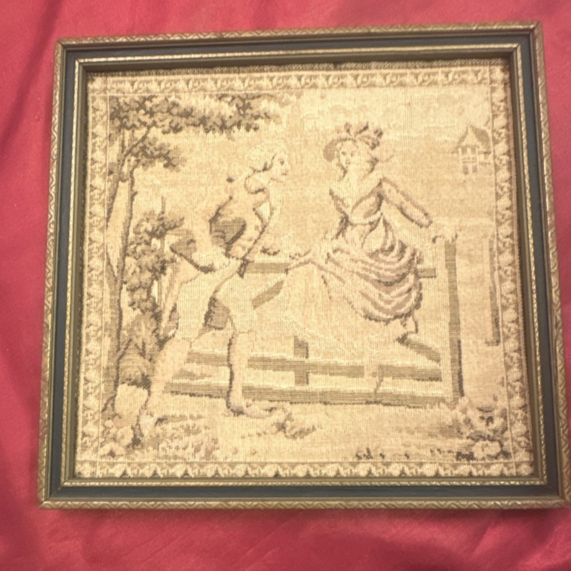 Victorian Romantic Antique Framed Handmade Beige Pictorial Tapestry, Medium