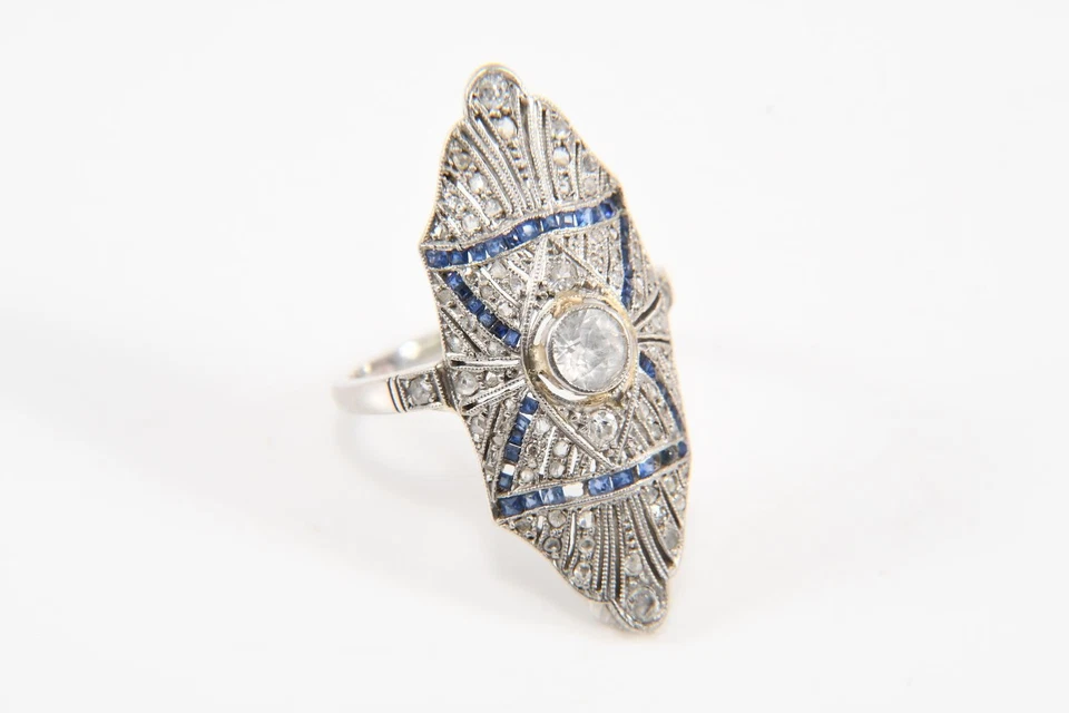 N94L17- Platin 950 Art Déco Ring mit Altschliff Diamanten und Saphiren - Bild 3 von 4