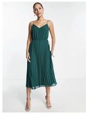 ASOS Women’s Green Pleated V-Neck Cami Midi Dress With Drawstring Waist Size 8