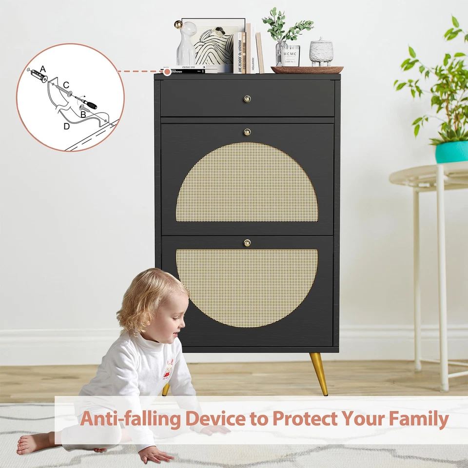 Zapatero Armario de Almacenamiento con 2 Puertas Semicirculares de Ratán y 1 Cajón, Gratis... Foto 3 de 4