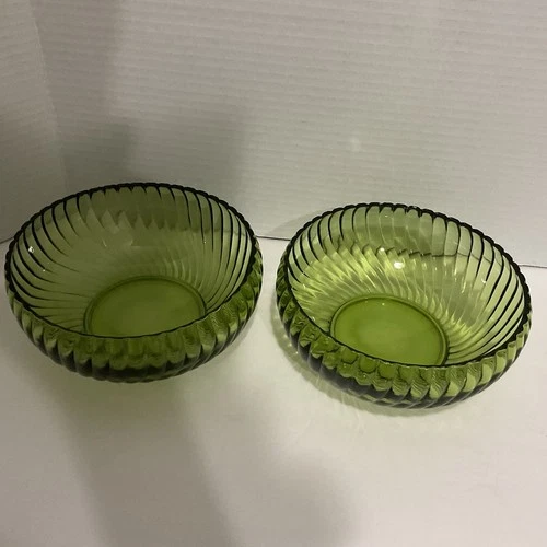 Pair Vtg Avocado Green Swirl Depression Ribbed  Likely A Hocking Glass Bowls