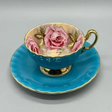 Aynsley England Bone China Pink Cabbage Rose 1031 Blue Cup & Saucer Set