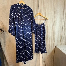 VTG Inner Most Robe Gown Set Small Blue Polka Dot Satin Nightgown 80s Slip Dress