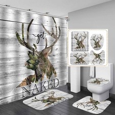 4PCS Rustic Deer Shower Curtain Set, Double Exposure White Wood Planks Camo W...