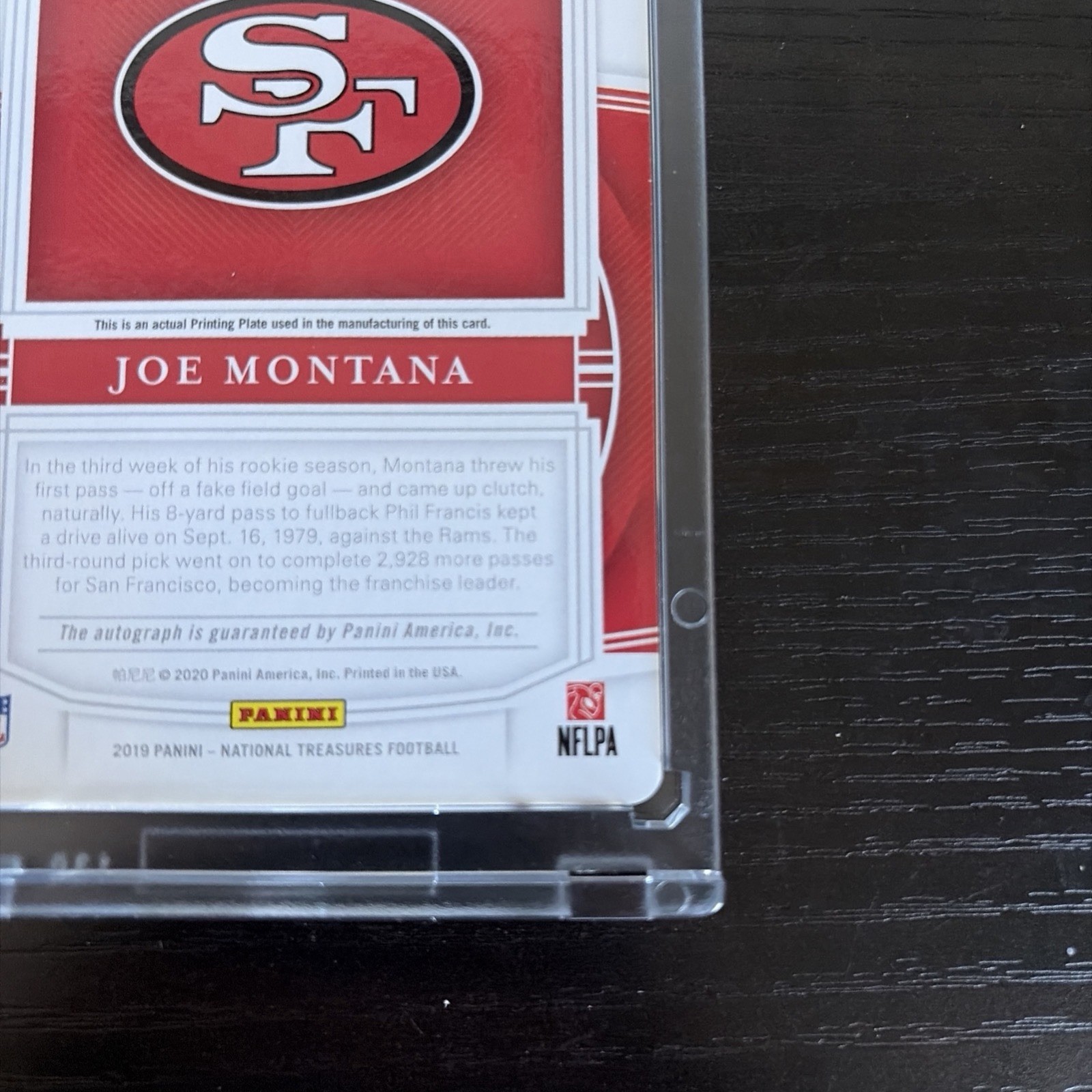 2019 Panini National Treasures Joe Montana Auto Printing Plate Blue 1/1 view 5