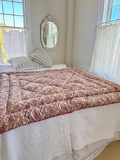 56x58 Antique French Feather Quilt c1900 Eiderdown Style Hand Stitched Paisley 