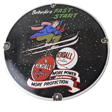 Vintage Kendall Motor Oil Sign - Skiing Winter Sport Ad Gas Porcelain Sign