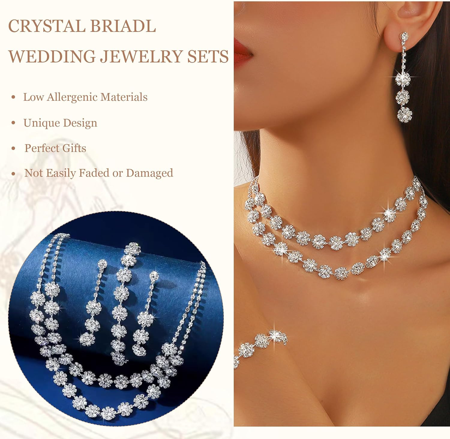 Silver Wedding Jewelry Sets for Brides Rhinestone Necklace Earrings Bracelet Set