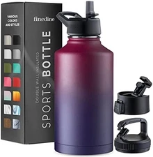 FineDine 64oz Insulated Water Bottle w/ Straw, 3 Lids, Stainless Steel