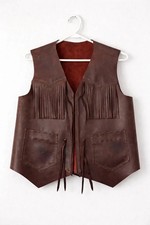 Men's Brown Leather Fringe Vest Western Cowboy Biker Motorcycle Waistcoat
