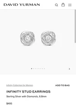 David Yurman INFINITY STUD EARRINGS Sterling Silver with Diamonds 6.8mm $495 NEW