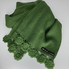 100 Baby Alpaca Scarf Shawl Wrap Emerald Green Crocheted Floral Trim Soft